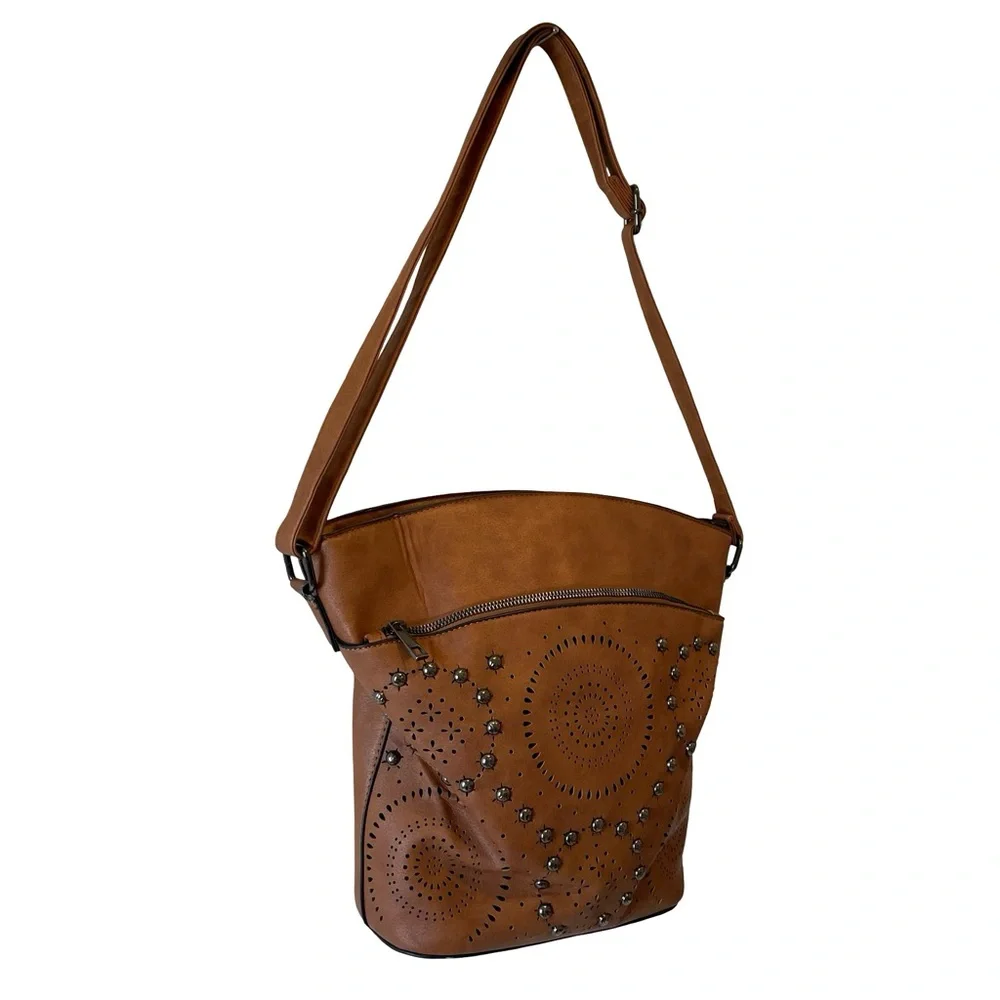 Sam & Hadley Brown Crossbody Bag with Decorative Stud and Cutout Details